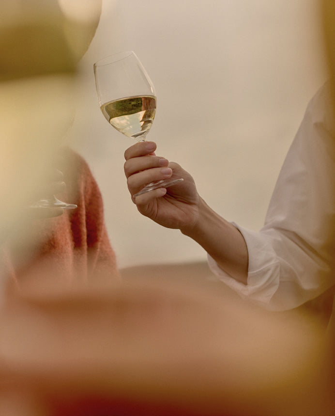 Hand holding up a glass of white wine to the light