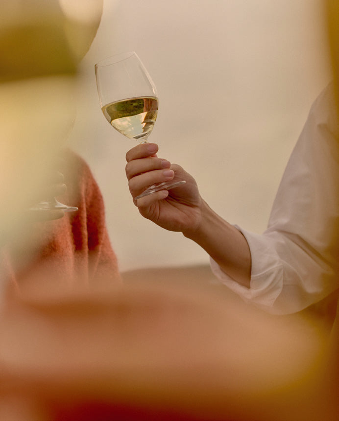 Hand holding up a glass of white wine against a blurred warm-toned background