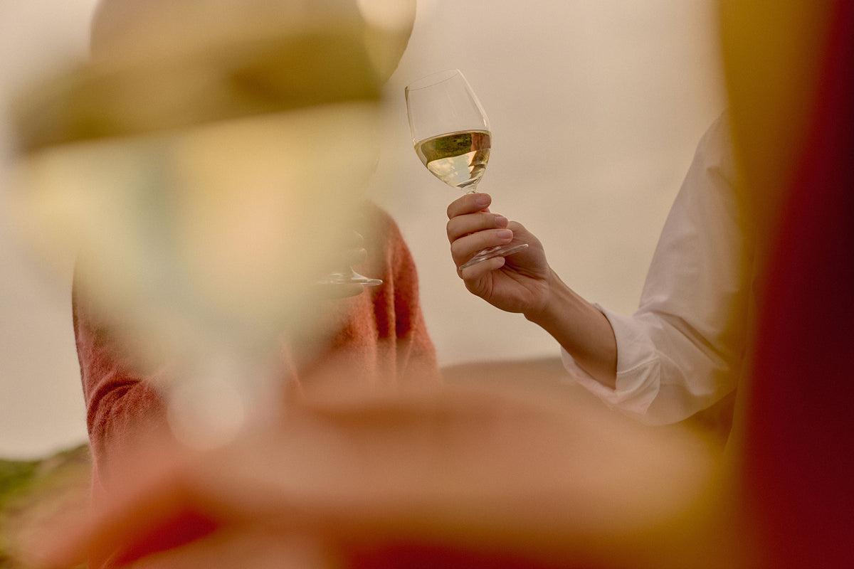 Hand holding up a glass of white wine, with a person wearing an orange sweater in the background