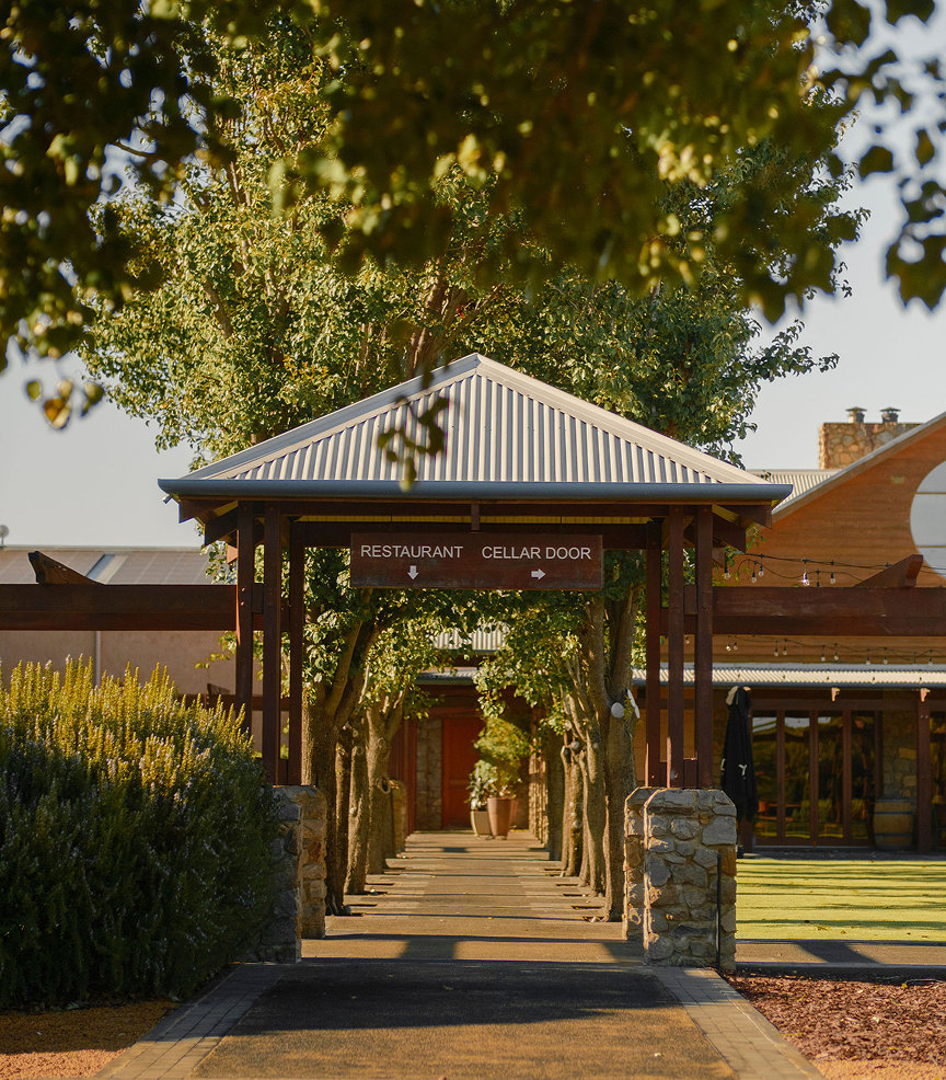 Tree-lined pathway leading to the winery with a sign pointing to the restaurant and cellar door